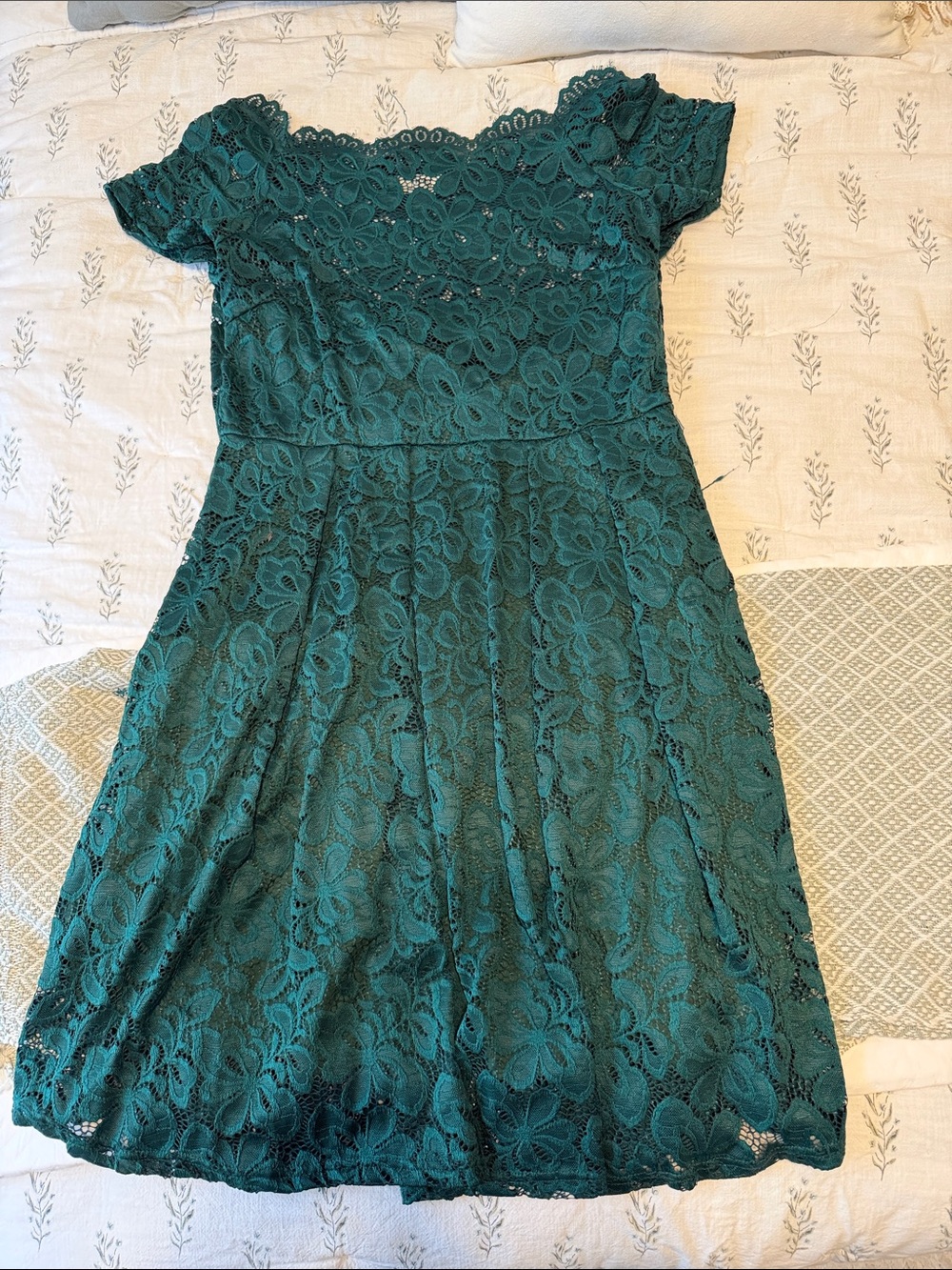 Lace Fit-and-Flare Dress in emerald green